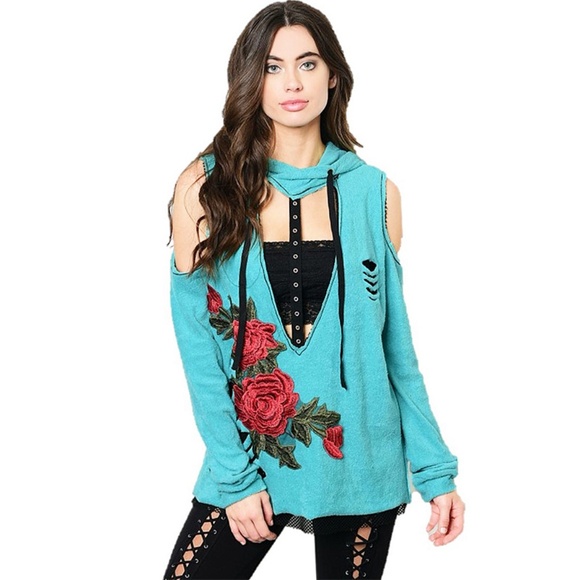 Moto Hippie Distressed Hoodie Tunic Sweater Top AQ - Picture 2 of 8